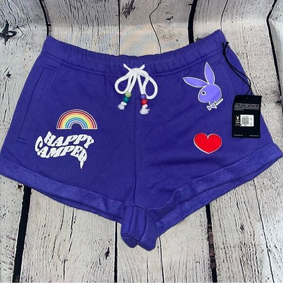 NWT Happy Camper Playboy X PacSun Purple Graphic Sweatshorts Shorts Size Small - Picture 1 of 12